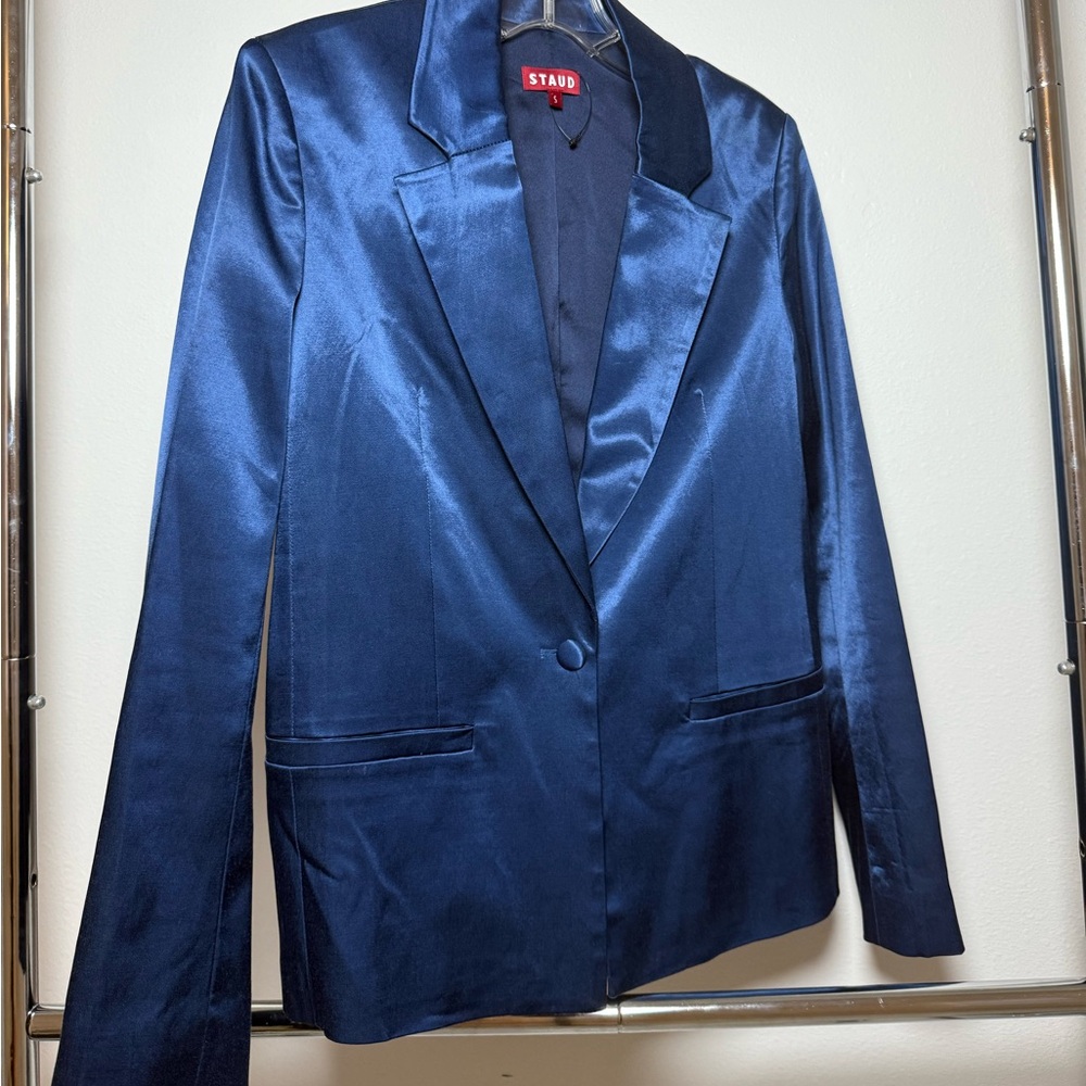 STAUD Midnight Blue Satin Blazer